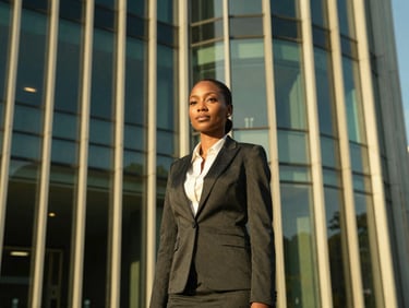 Elegant portrait of a professional Zambian woman in business attire, warm natural daylight, modern architectural glass background.