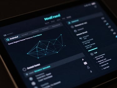 Close-up of an Android tablet screen showing a dark-mode system monitoring dashboard with geometric wireframes and subtle cyan accents, moody backlighting.