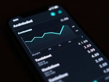 Tight shot of an Android phone displaying a dark-mode investment portfolio interface with real-time stock quotes and minimalist graphs, cool-toned backlighting.