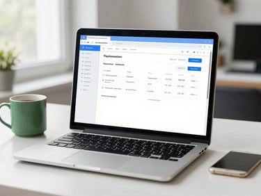 Crisp shot of a laptop screen displaying a clean payment dashboard on a brightly lit office desk, natural window light, forest green coffee mug nearby.