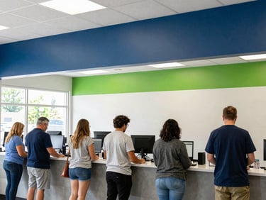 Wide environmental shot of a thriving Michigan small business interior, bright natural light, customers at the checkout counter.