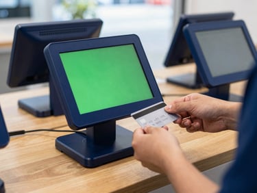 Tight focus on a modern dual-screen POS terminal on a wooden retail counter, natural daylight, hands exchanging a credit card, deep blue accents.