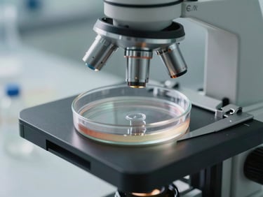 Macro shot of high-end scientific laboratory equipment, clean lines, soft natural daylight illuminating a glass petri dish and a microscope.