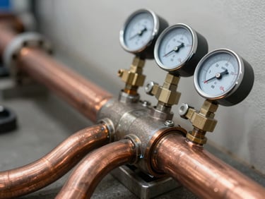 Close-up of a neatly routed copper manifold with clean solder joints and pressure gauges, bright crisp utility lighting, sharp focus on technical craftsmanship.