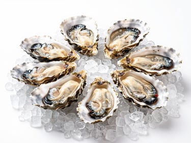 Crisp editorial food photography, freshly opened oysters on crushed ice, bright natural daylight, high-contrast white background