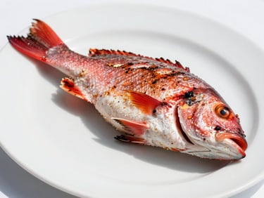 Crisp editorial food photography, close-up of a grilled wild red snapper on a white ceramic plate, clean composition, bright daylight