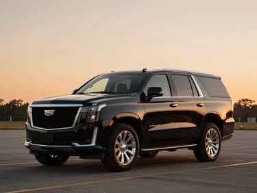 Sleek black Cadillac Escalade parked on a private tarmac at sunset, warm golden light reflecting off polished chrome, 35mm cinematic luxury photography