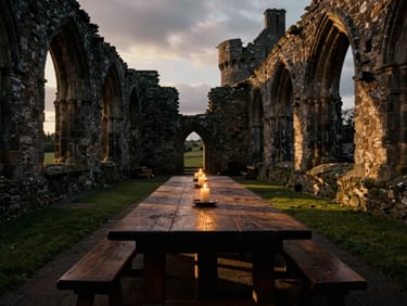 Low-key dramatic shot of a long wooden dining table set with candles inside the ruins of an ancient Scottish castle, heavy shadows, moody overcast sky visible through stone arches.