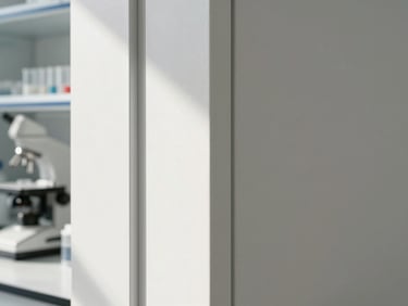 Minimalist close-up of biotechnology laboratory equipment, bright natural daylight, clean neutral tones, sharp focus, professional architectural framing.