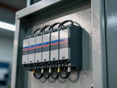 Close-up of a heavy-duty industrial PLC control panel with clean wiring harnesses, high-contrast workshop lighting, metallic steel reflections, sharp focus.
