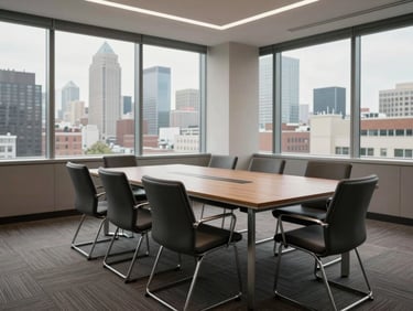 Empty boardroom interior with a long table and chairs, natural light entering through floor-to-ceiling windows showing an urban skyline, no people, no branding visible, warm grey tones