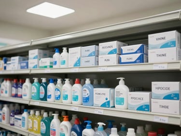 Straight-on photograph of a well-organized stockroom shelf unit holding labeled boxes of hygiene and cleaning products side by side, bright overhead fluorescent lighting, clean institutional environment