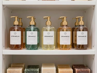 Straight-on shelf photograph of liquid soap dispensers and bar soap bars neatly arranged on a clean white storage shelf, bright neutral studio lighting, product labels clearly visible