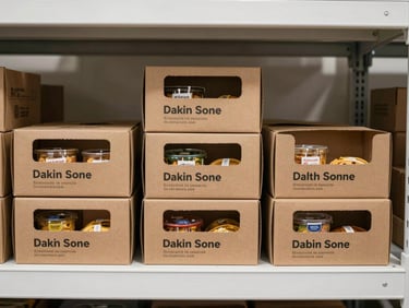 Straight-on shelf photograph of event snack kits stacked in labeled boxes on a clean warehouse shelf, bright neutral overhead lighting, product names and quantities clearly printed on each box face