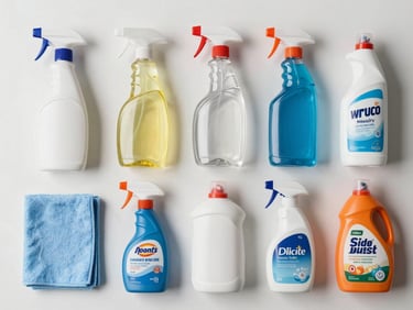 Overhead flat-lay of cleaning supply products — spray bottles, microfiber cloths, and labeled detergent containers arranged in a grid on a white surface, bright neutral daylight, no shadows