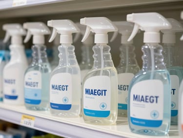 Straight-on close-up of surface disinfectant spray bottles and wipes packets neatly arranged on a clean shelf, bright neutral daylight, labels facing forward, no shadows