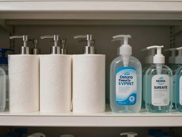 Straight-on shelf view of hygiene product packaging — soap dispensers, paper towel rolls, and hand sanitizer bottles neatly arranged on a white shelf under even studio lighting, clean background