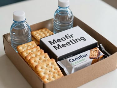 Close-up straight-on shot of a labeled snack kit box for office meetings — individual crackers, small water bottle, and wrapped protein bar arranged inside a clean cardboard tray under bright neutral light, package text clearly visible