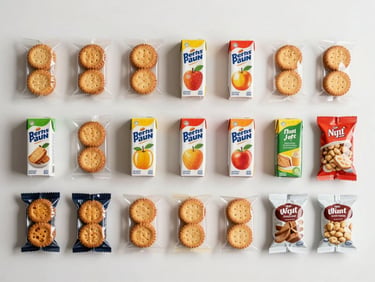 Overhead flat-lay of a snack kit assembly — individually wrapped biscuits, juice boxes, and labeled snack pouches arranged in an orderly grid on a white surface, bright neutral studio light
