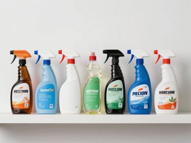 Overhead flat-lay of cleaning product bottles and spray containers arranged in a straight row on a white shelf, bright neutral studio lighting, labels clearly visible, crisp white background