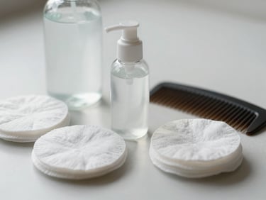 Close-up macro shot of personal care items — hand sanitizer bottle, cotton pads, and small comb — arranged precisely on a white surface under bright neutral daylight