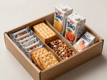 Overhead macro shot of an organized snack kit — individually wrapped crackers, juice boxes, and cereal bars arranged in a labeled cardboard tray, bright studio light, neutral background