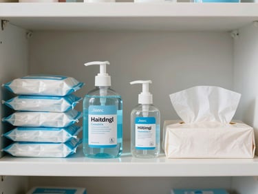 Straight-on shelf photograph of hygiene supply packages — hand sanitizer, soap dispensers, and tissue boxes — neatly stacked and labeled, bright neutral daylight, clean white background
