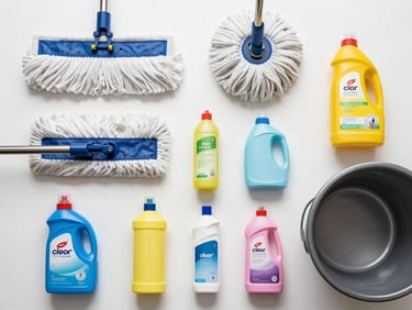 Overhead flat-lay of floor cleaning products — mop heads, floor cleaner bottles, and a bucket arranged on a clean white surface under bright neutral light, product labels clearly visible