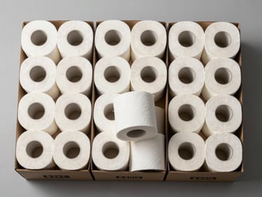 Overhead flat-lay of stacked paper towel rolls and toilet paper rolls organized in labeled cardboard boxes on a neutral grey surface, clean studio lighting