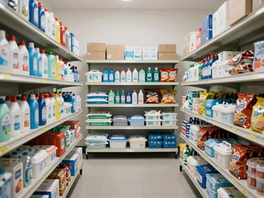 Wide straight-on shot of organized supply shelves in a bright neutral-lit stockroom, neatly labeled boxes of cleaning products, hygiene kits and snack packages arranged in rows, clean white walls, no people
