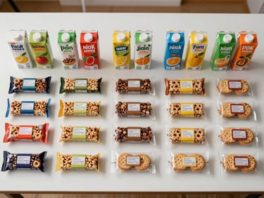 Overhead flat-lay of a break room snack refill kit on a white surface — assorted cereal bars, juice boxes, and individually wrapped cookies in neat rows, bright studio lighting, labels facing up and legible