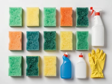 Overhead flat-lay of general-use janitorial supplies — sponges, scrubbing pads, gloves, and multi-purpose cleaner bottles arranged in neat rows on a white surface, bright studio lighting