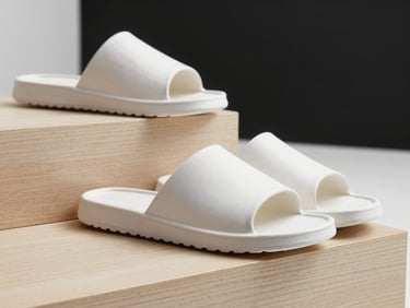 Close-up of modern cloud slippers on minimalist wooden steps, soft natural lighting, premium texture details