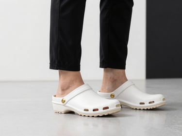Side view of professional medical clogs on clean polished floor, elegant scrubs visible, soft studio lighting