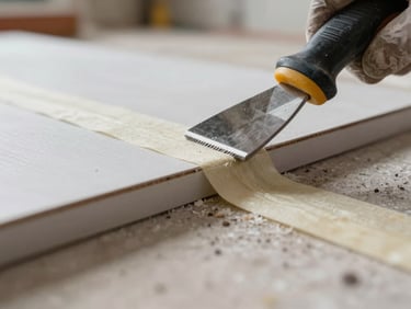 Extreme close-up of drywall joint tape being pressed into compound on a freshly installed panel, construction site ambient daylight, sharp focus on the seam line and tool edge