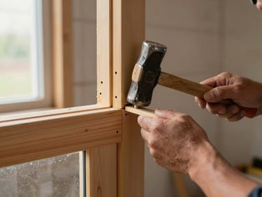 Close-up of a carpenter's hands fitting a wood door frame joint with a mallet, masonry wall in background, natural construction-site daylight from a nearby window, sharp focus on the joint