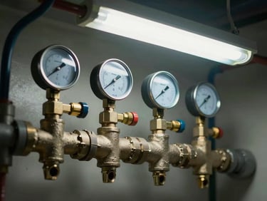 Close-up overhead of a plumbing manifold with labeled valves and pressure gauges in a utility room, cool fluorescent work light, technical framing showing each port clearly