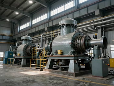 Wide shot of a heavy industrial facility interior, large steel machinery and conduit overhead, harsh ambient lighting from high windows, concrete floor, no workers present