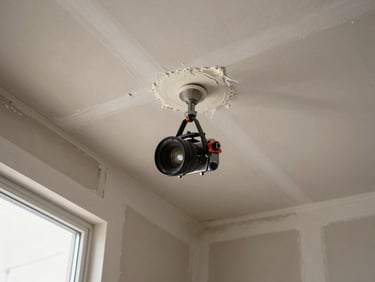 Close-up overhead view of drywall installation tools and joint compound on a residential ceiling, natural daylight from a window off-frame, no people
