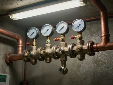 Overhead view of a plumbing manifold with labeled valves in a utility room, ambient fluorescent work-site light, copper pipes and pressure gauges in sharp focus, concrete floor visible below