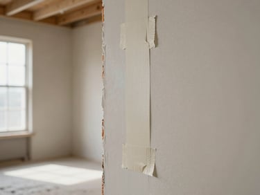 Close-up of a drywall joint being taped and mudded in an empty commercial room, natural light from a side window, steel stud framing visible in background, plaster texture in sharp focus