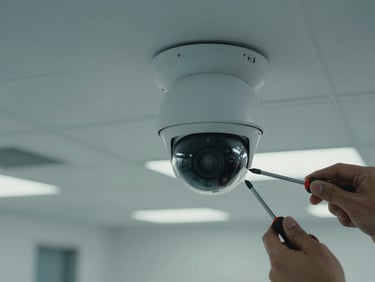 Close-up of a CCTV dome camera being aligned on a ceiling mount in an empty commercial corridor, cool daylight from above, hands with a screwdriver visible at the mount edge