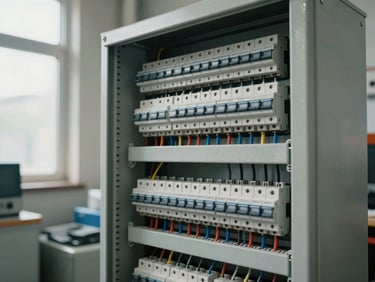 Wide shot of an open electrical panel with neatly routed circuit breakers and labeled conductors, work-site ambient daylight from a side window, technically precise framing