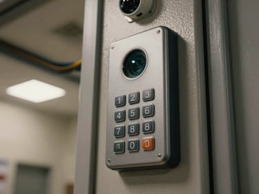 Close-up of an access control keypad mounted on a steel door frame in a commercial corridor, ambient ceiling light, wiring conduit visible, CCTV dome camera partially visible in upper background