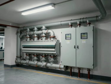 Wide environmental shot of a commercial building utility room, plumbing manifold and electrical panel side by side against a white wall, fluorescent overhead light, no people