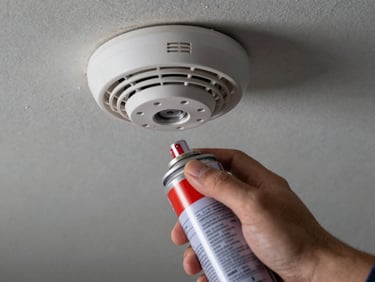 Overhead close-up of a smoke detector being tested with a technician's hand holding a calibrated aerosol spray can beneath the unit, industrial ceiling visible, sharp technical lighting