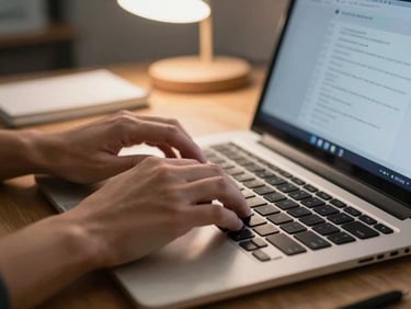 Close-up of hands typing on a laptop keyboard in a home office, booking platform visible on screen, soft desk lamp light, shallow depth of field, cables and notebook in background