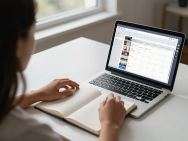Over-the-shoulder view of a remote worker reviewing a digital calendar with multiple property bookings, afternoon window light, clean desk, planner open beside the laptop