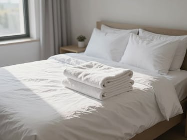 Well-made bed in a short-term rental bedroom, fresh white linens, morning window light, folded towels on the corner, minimalist bedside table, no people