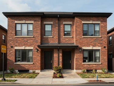 Street-level shot of a detached two-storey residential fourplex, brick exterior, flat daylight, empty driveway, urban street marker sign partially visible at left edge